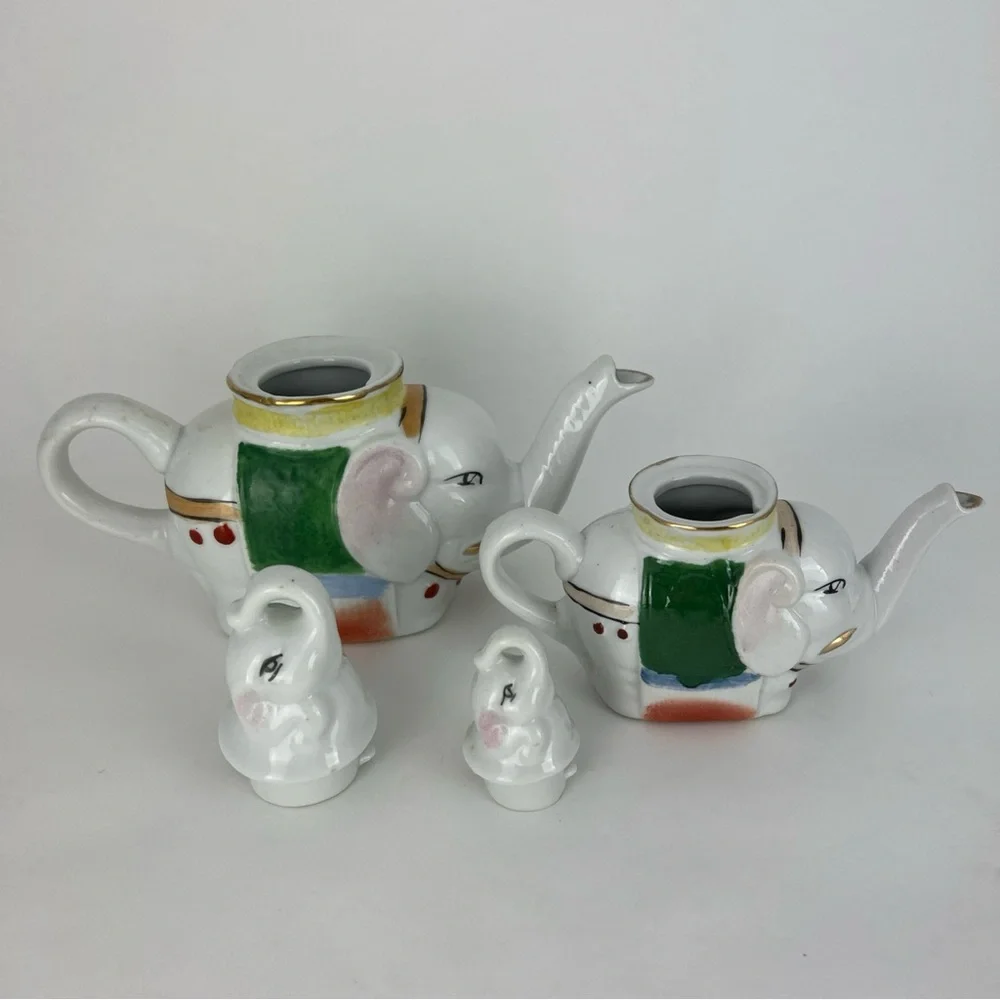 Vintage Pier 1 Set Of 2 Elephant Teapot & Creamer W/ Lids Porcelain Painted